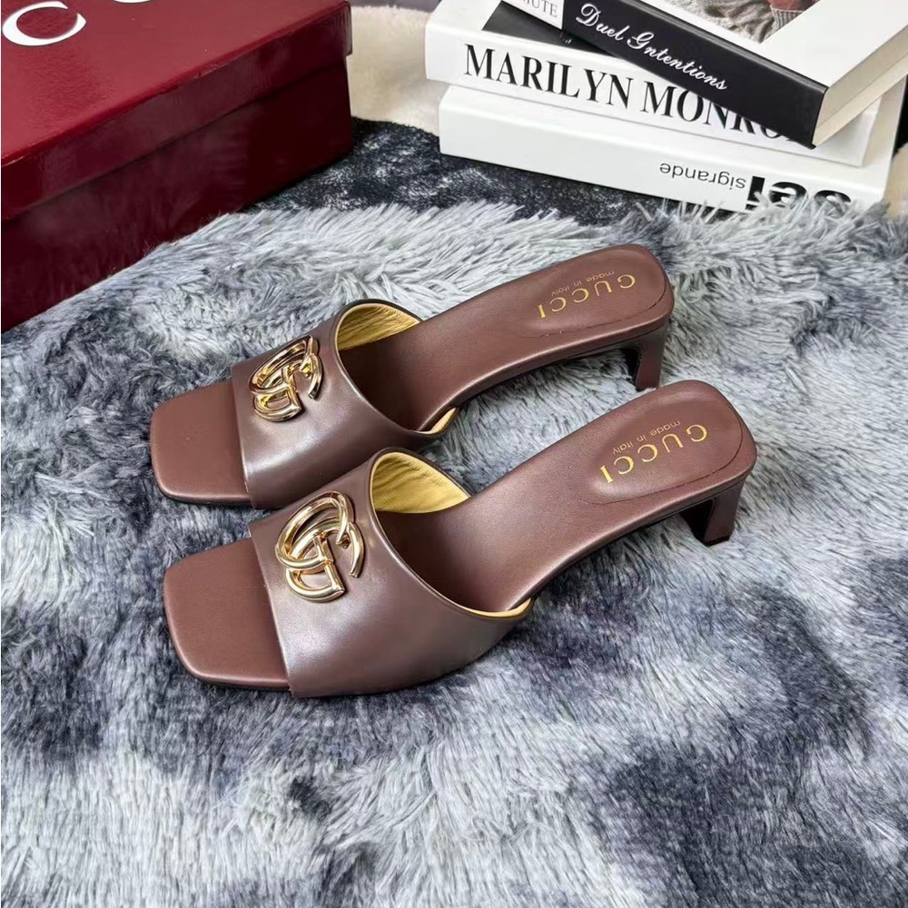 Gucci Interlocking G Mocha Brown Leather Heeled Slide Sandals